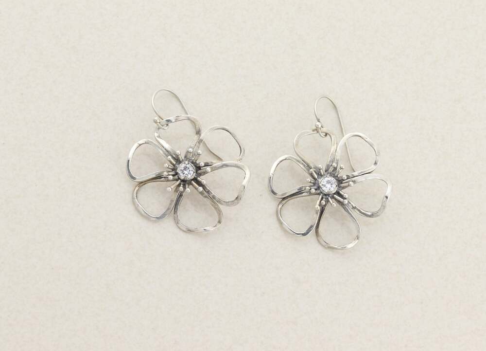 Sterling Silver Cubic Zirconia Flower Earrings Dangle Drop Israel 1 3/4" X 1 1/8 - Picture 3 of 7